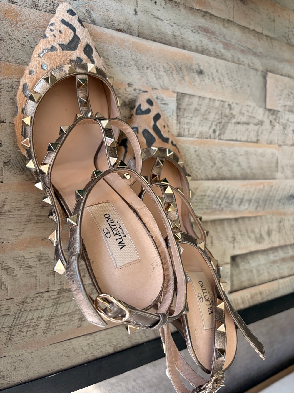 Valentino Leopard Ponyhair Pointed T-Strap Heels with Gold Studs - Picture 2 of 5